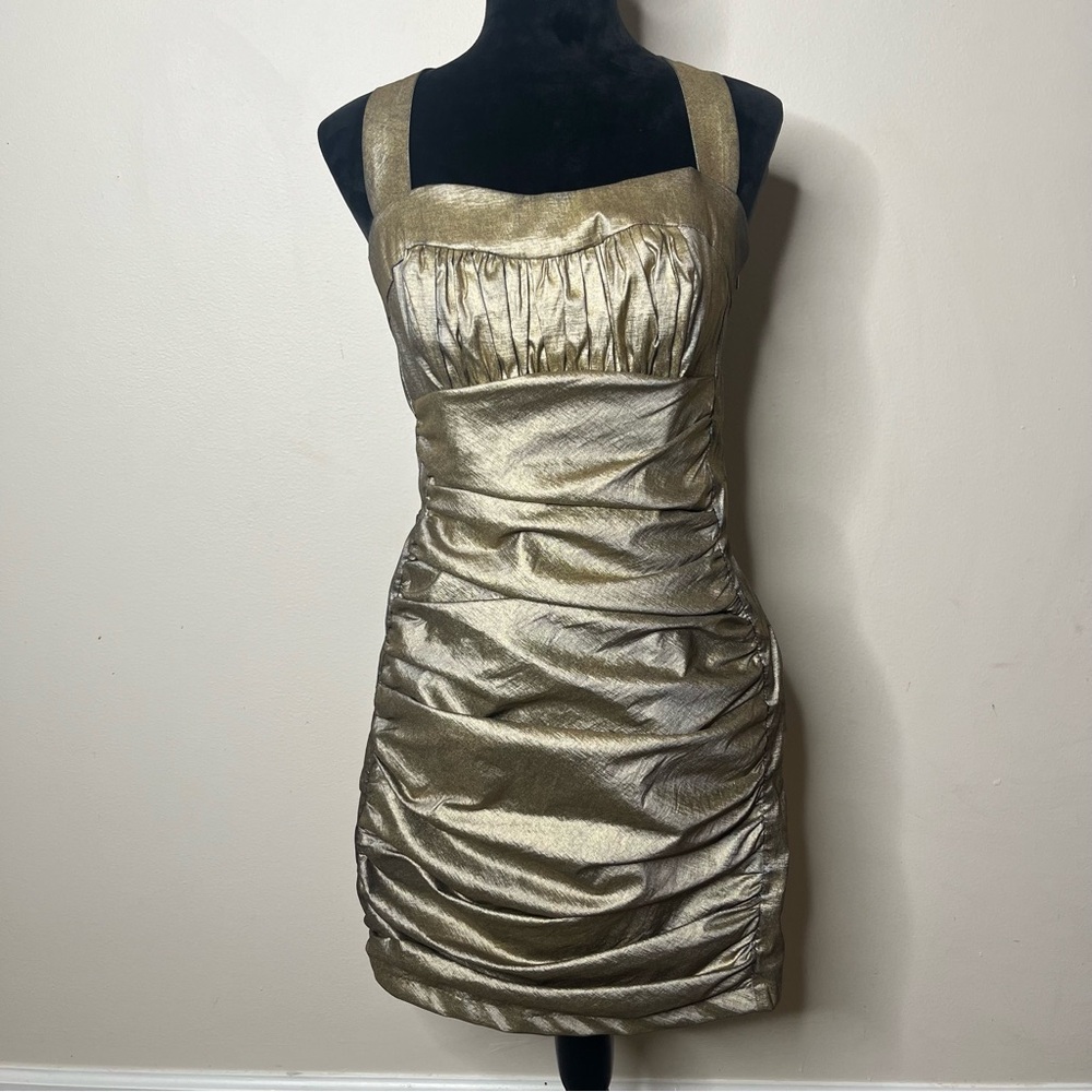 Cache’ Women’s Distressed Gold Metallic Ruched Bodycon Party Dress Sz 10‎ NWT